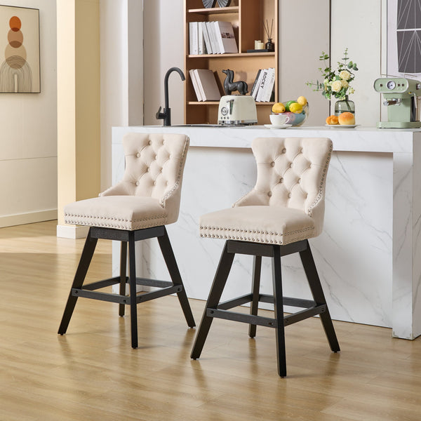 English Elm Swivel Velvet Barstools with Tufted Button Back, 360° Rotate, Plush Foam & Rubberwood Frame Beige W1143P241329
