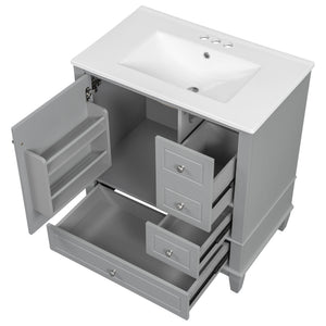 English Elm Christopher Knight Home® - 30" Freestanding Bathroom Vanity with Ceramic Sink, Soft-Close Door, Gold Knobs & 3 Drawers, Durable Painted Finish Grey N759P225994E
