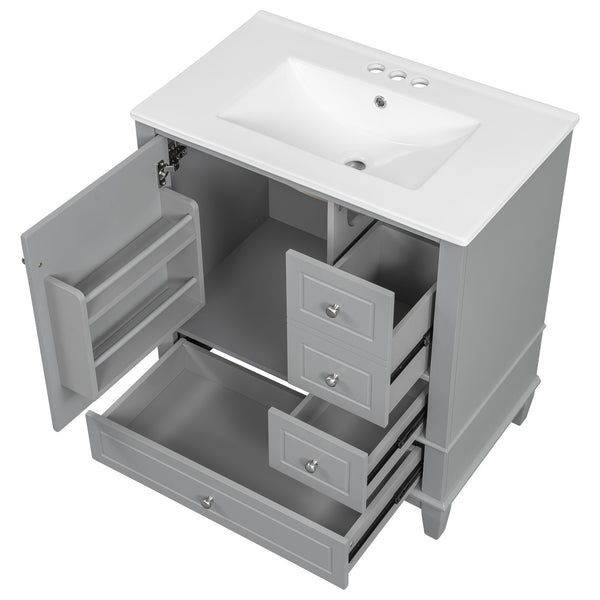 English Elm Christopher Knight Home® - 30" Freestanding Bathroom Vanity with Ceramic Sink, Soft-Close Door, Gold Knobs & 3 Drawers, Durable Painted Finish Grey N759P225994E