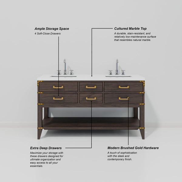 English Elm Brown Oak Double Bath Vanity With Cultured Marble Top, Soft-Close Drawers & Elegant 28" Mirrors B2731S01633