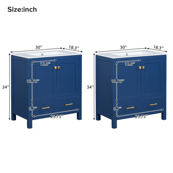 English Elm 60" Blue Double Vanity with Ceramic Sinks, Solid Wood Frame, Divided Drawers & Soft-Close Doors N729P000001C