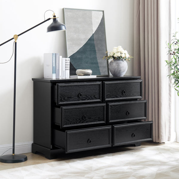 English Elm Modern 6-Drawer Chest of Drawers for Bedroom — Spacious Wooden Dresser with Smooth Glide Drawers, Elegant Patterned Top Black W2275P224406