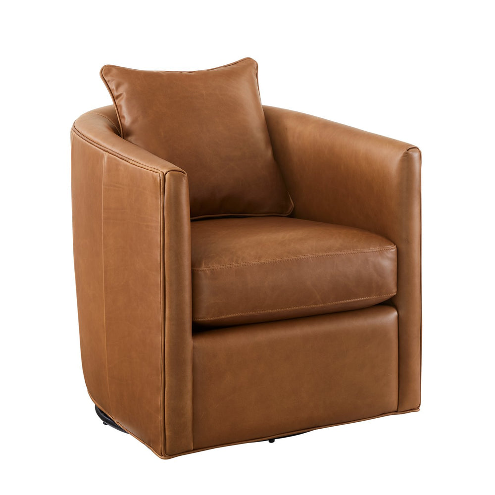 English Elm Jasmine Wax-Oiled Top Grain Leather Swivel Accent Chair — Barrel Design, Removable Cushions, Brown Finish B050P390587