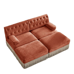 English Elm With Tufted Velvet Sectional Sofa Two Ottomans Tassel Skirt French Chesterfield Living Room Red+Brown W714S01746