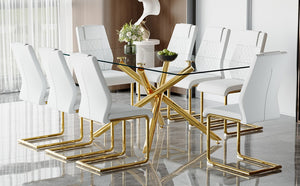 English Elm Table Modern Luxurious Glass Dining Set With 8 Ergonomic Chairs, Gold Legs & White Pu Upholstery W1151S02588-GIGA