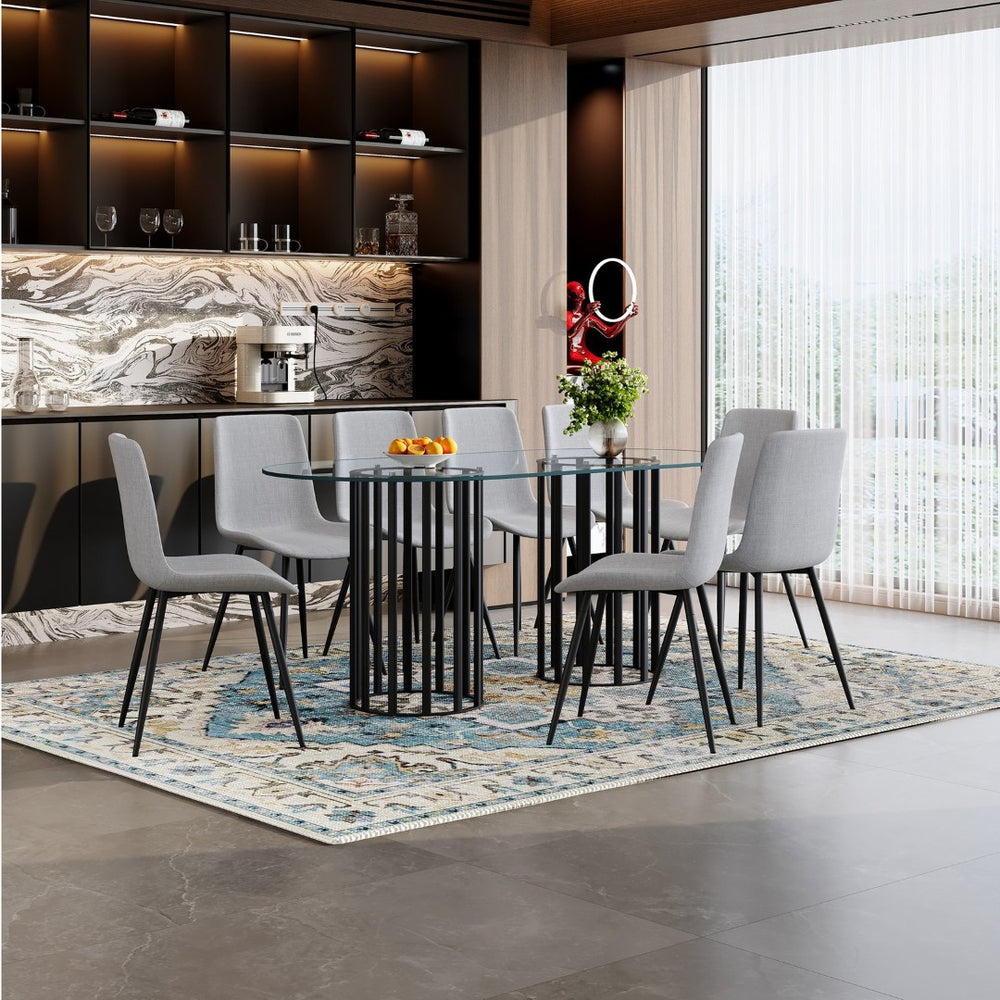 English Elm Table and Chair Set Oval Tempered Glass Top with 8 Linen Seats Light Luxury Dining W1151S04754