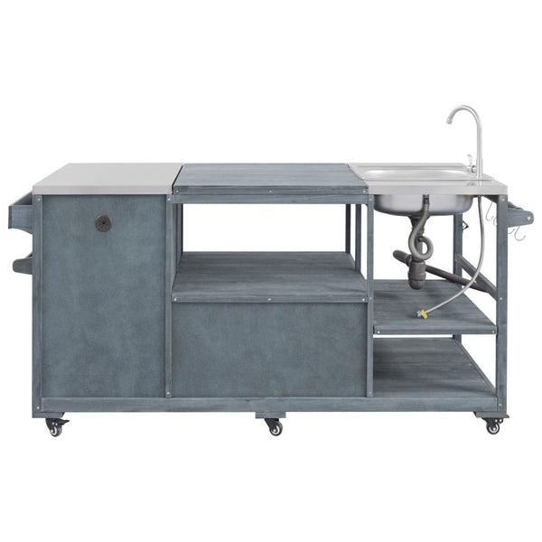 English Elm K&k Solid Fir Outdoor Kitchen Island with Sink Stainless Steel Top and Grill Cutout Grey+Blue N707S000022G