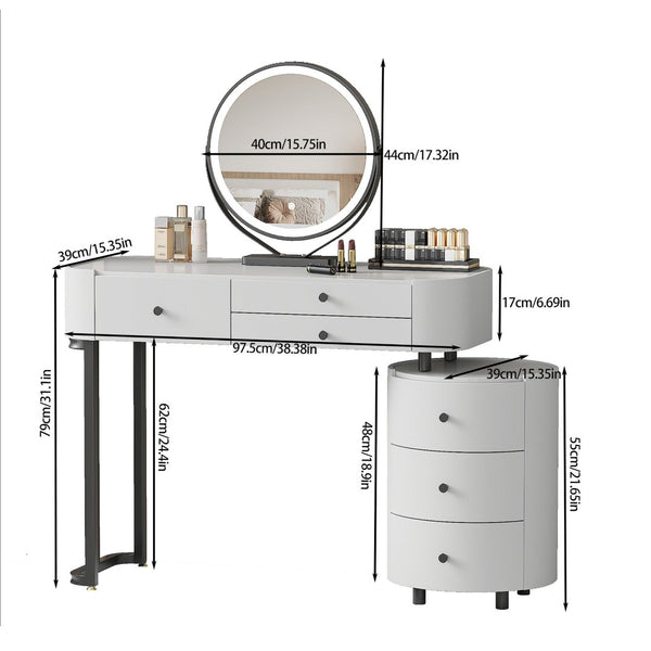 English Elm Modern Minimalist Vanity with Lighted Mirror Three Drawers and Cylindrical Side Cabinet W3767S00005