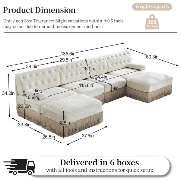 English Elm 4-seater Cloud Sectional with Ottomans Button Tufted Fleece Tassel Skirt Sofa W714S01690