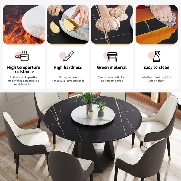 English Elm 53" Round Marble Dining Table With Lazy Susan, Black Iron Base, Seats 6 - Elegant & Durable Design W1535S00400