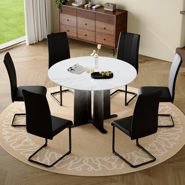 English Elm Modern Round Faux Marble Seven Piece Dining Set with Pu Upholstered Cantilever Chairs W3875S00071