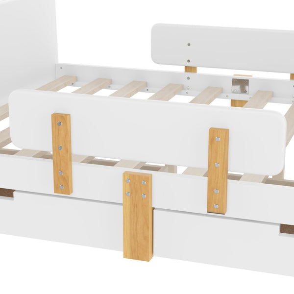 English Elm Twin Low Profile Kids Floor Bed Pine Wood Frame with Safety Rail and Built in Bookshelf Light White W1580P373244