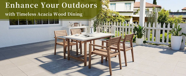 English Elm U_style Solid Acacia Wood Outdoor Dining Set Seats Four with Umbrella Hole Patio Light Brown,Light Gray WY000477AAD