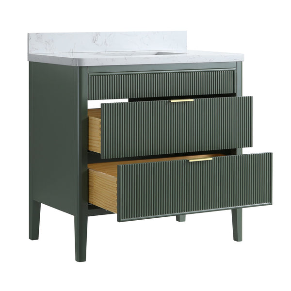 English Elm Fully Assembled 36" Green Bathroom Vanity With Solid Wood, Carrara Marble Top & Soft-Close Features W1826P308980