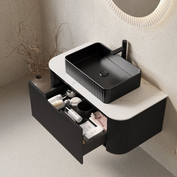 English Elm Dina Floating Bathroom Vanity Sintered Stone Top Glass Basin Striped Plywood Cabinet W2615S00403