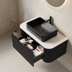 English Elm Dina Floating Bathroom Vanity Sintered Stone Top Glass Basin Striped Plywood Cabinet W2615S00184