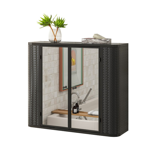 English Elm Black Wall-Mounted Bathroom Cabinet with Mirror, 2 Doors, Open Shelf & Steel Frame for Vanity Spaces W3122P272846