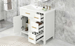 English Elm 36" Matte Freestanding Bathroom Vanity Solid Wood Cabinet Ceramic Sink Three Drawers White N725P364205K