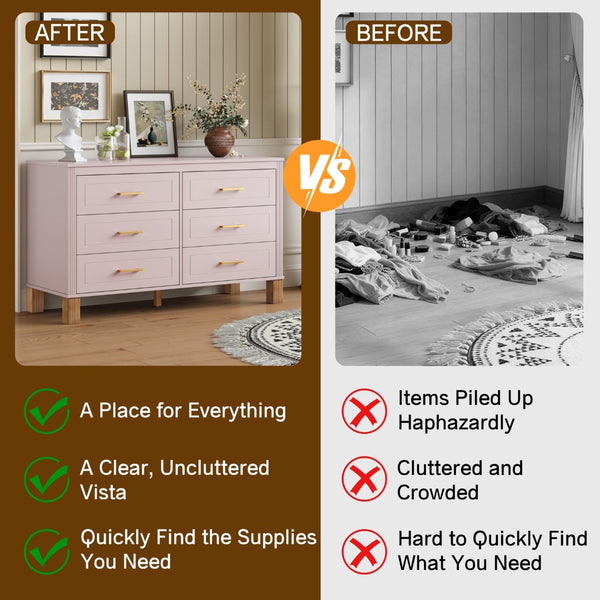 English Elm 6-drawer Double Dresser Solid Wood Legs Mid-century Modern Bedroom Storage Cabinet Pink W1445S00009