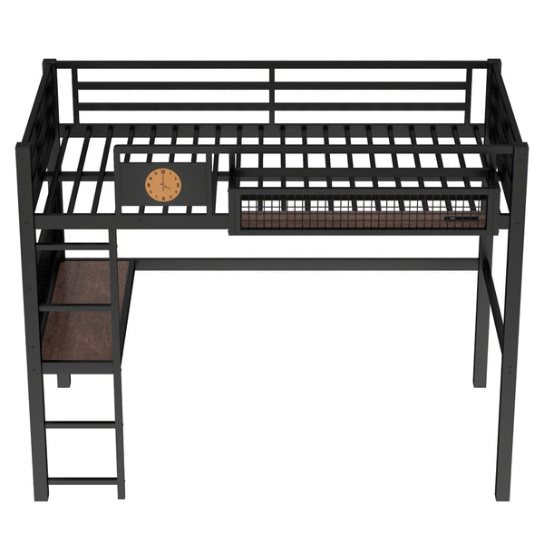 English Elm Twin Xl Solid Pine Loft Bed with Built-in Led Lighting and Storage Shelves W1580S00374