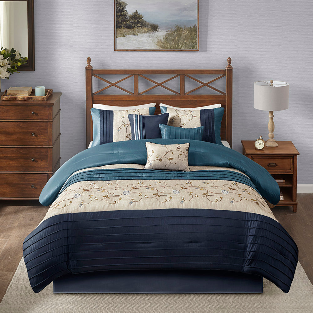 JLA Home Madison Park - Embroidered 7-Piece Comforter Set from Serene Bedding Collection — Dusty Blue Taupe Floral Elegance Navy MP10-3451