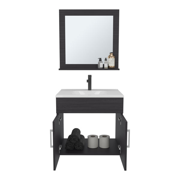 English Elm Blake Wall-Mounted Bathroom Mirror Cabinet with Two Shelves, Durable MDF, Modern Blanco Kronos Finish Black 29.92 L x 24.8 W x 12.6 H B200P313691