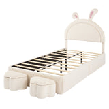 English Elm Twin Size Upholstered Rabbit-Shape Bed With 2 Storage Stools, Velvet Platform Bed With Cartoon Ears Shaped Headboard, White