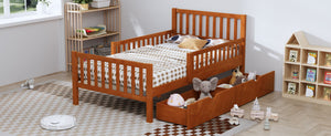 English Elm Twin Pinewood Platform Bed with Headboard, Guardrails & Two Underbed Drawers for Storage Walnut 70.6 L x 17.1 W x 5.9 H N733P172696D