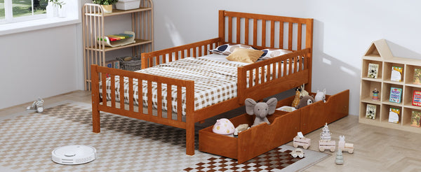 English Elm Twin Pinewood Platform Bed with Headboard, Guardrails & Two Underbed Drawers for Storage Walnut 70.6 L x 17.1 W x 5.9 H N733P172696D