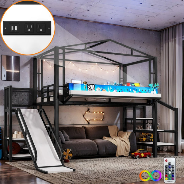 English Elm Twin Metal Loft Bed with Built-in Wardrobe Storage Stairs Led Lights and Usb Ports W5316S00045