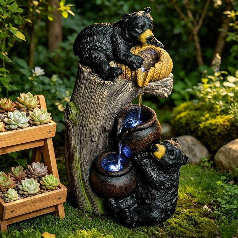 English Elm Outdoor Rustic Barrel Resin Fountain with Led Lights Farmhouse Waterfall Patio Decor W5397P453894