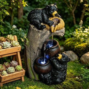 English Elm Outdoor Rustic Barrel Resin Fountain with Led Lights Farmhouse Waterfall Patio Decor W5397P453894
