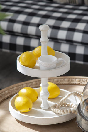 English Elm D11.8x15.4" Two-Tiered Wooden Tray White — Farmhouse Serving Stand for Cakes, Fruit & Decor Display W2078P195541
