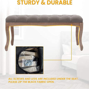 English Elm Bedroom Bench Tufted Linen Seat with Carved Distressed Wood Legs French Country Style Grey W3244P493669