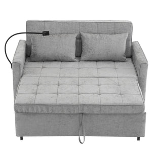 English Elm 56.9" Loveseat Sofa Bed with Chenille Upholstery, USB Ports, Phone Holder, Side Pockets, Reclining Backrest Grey N719P208853E