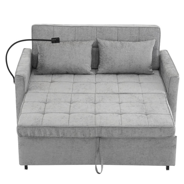 English Elm 56.9" Loveseat Sofa Bed with Chenille Upholstery, USB Ports, Phone Holder, Side Pockets, Reclining Backrest Grey N719P208853E
