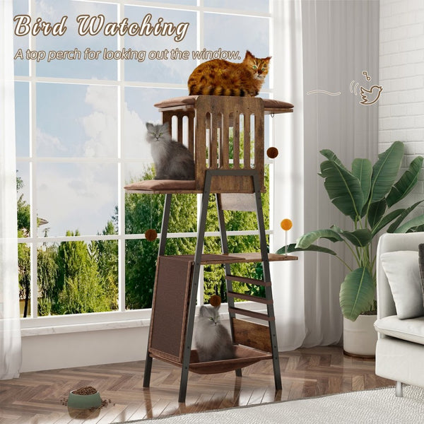 English Elm Modern 58 Inch Cat Tower with Sisal Scratching Mat Hammock and Perch for Large Breeds W2641P460041