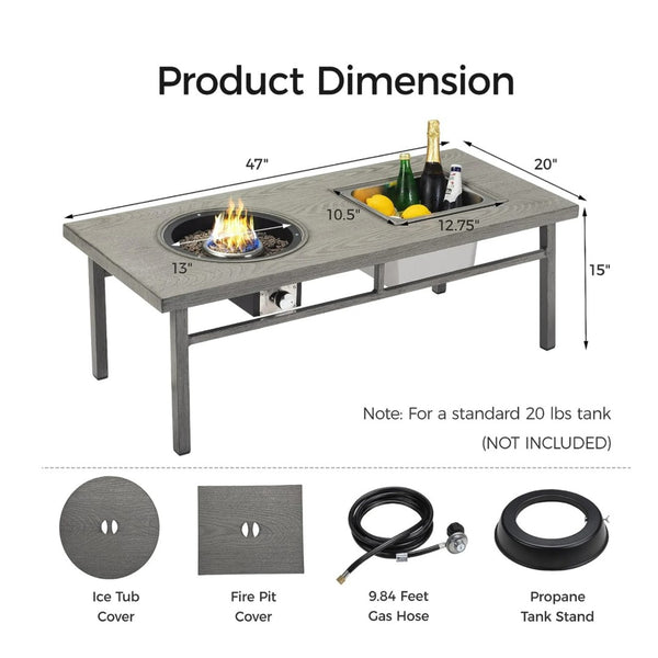 English Elm 47" Outdoor Aluminum Fire Pit Table 50000 Btu Propane with Ice Bucket Station Gray B082P454967