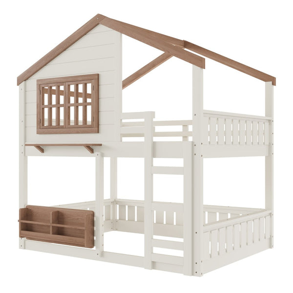 English Elm Full Bunk Bed with Trundle Bookshelf Storage Pine Frame Car Design for Kids Beige W1580S00523