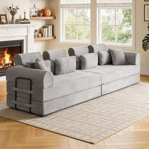 English Elm L Shaped Corduroy Sectional Sofa Converts to Sleeper Bed Space Saving Modular Couch Light Gray W5532S00003