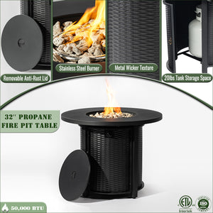 English Elm 32" 32inch Propane Fire Pit Table 50,000 BTU Steel Outdoor Patio Wicker Look with Rocks Lid Included W853P193941