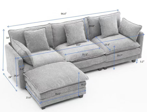 English Elm Beige Chenille Sectional Sofa with Modular Ottoman for Living Room or Studio Gray W2603S00008
