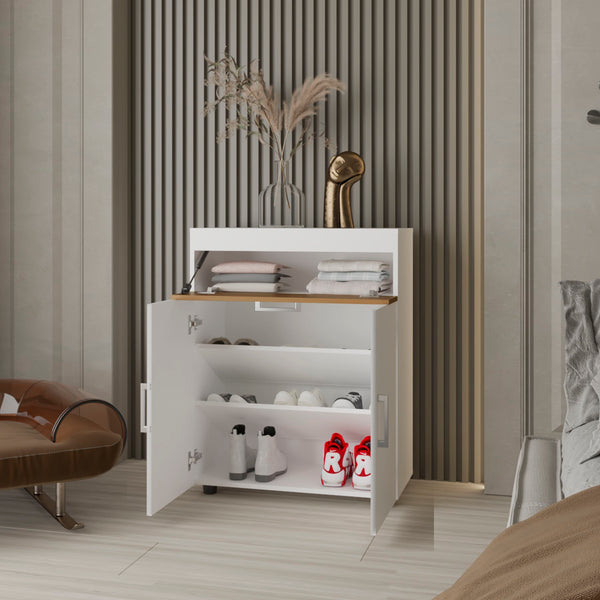 English Elm FM North Fork Shoe Rack with Pneumatic Lift-Up Compartment, Dual Doors, Scratch-Resistant Oak White Finish B128P301388