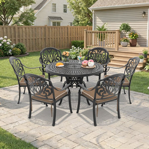 English Elm 7-piece Cast Aluminum Outdoor Dining Set Ornate Floral Patio Furniture Seats Six W1710S00565