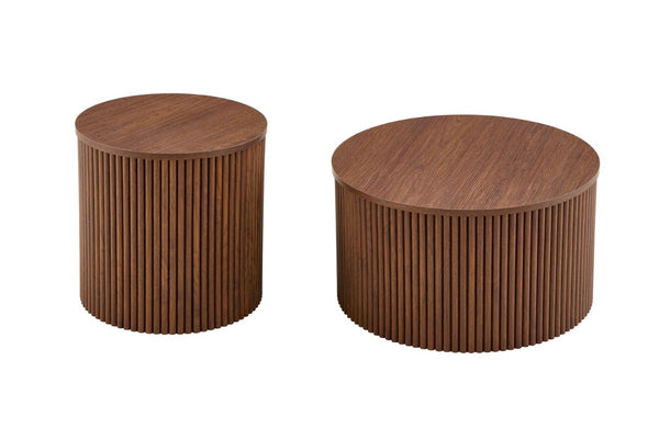 English Elm 2-piece Round Nesting Tables with Fluted Column Base Hidden Storage Oak Grain Finish Walnut W3875P396845