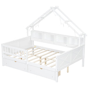 English Elm Wood Full Size Gaming Loft Bed with Integrated Desk, Shelves, LED Lighting & Hanging Clothes Rack White N7090001044K