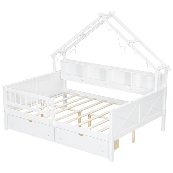 English Elm Wood Full Size Gaming Loft Bed with Integrated Desk, Shelves, LED Lighting & Hanging Clothes Rack White N7090001044K