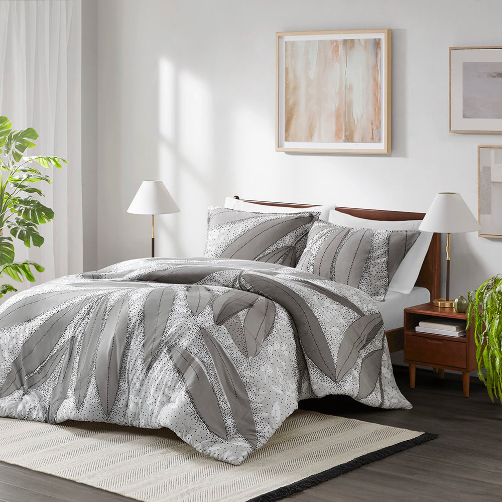 JLA Home Urban Habitat - Botanical Reversible Cotton Duvet Cover Set — Sustainable BCI Cotton, OEKO-TEX, Gray Botanical Prints UH12-2529