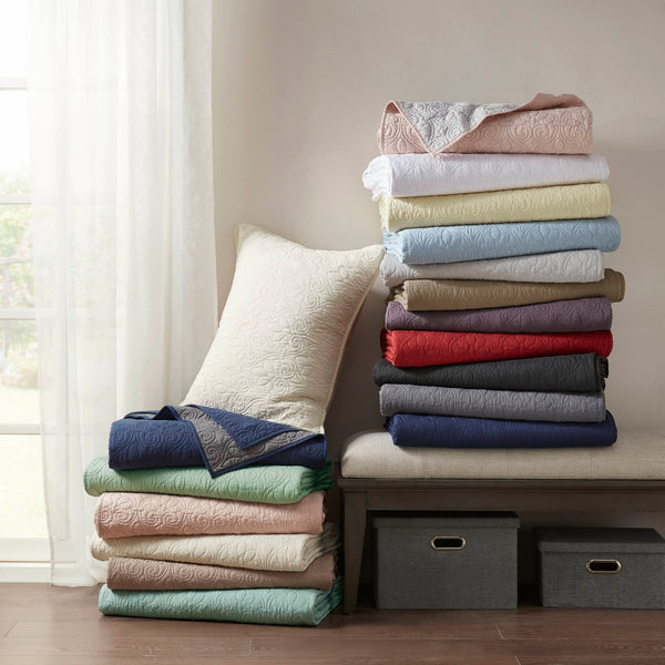 JLA Home Madison Park - 3 Reversible Quilt Set with Textured Stitching, Prewashed Cotton Fill, Antimicrobial Protection, Machine Washable Blue MP13-366