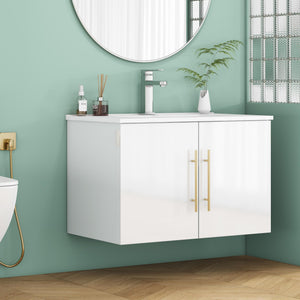 English Elm 30-Inch Sleek White Gloss Wall-Mounted Bathroom Vanity With Gold Handles & Soft-Close Doors, Easy Install W3151S00052